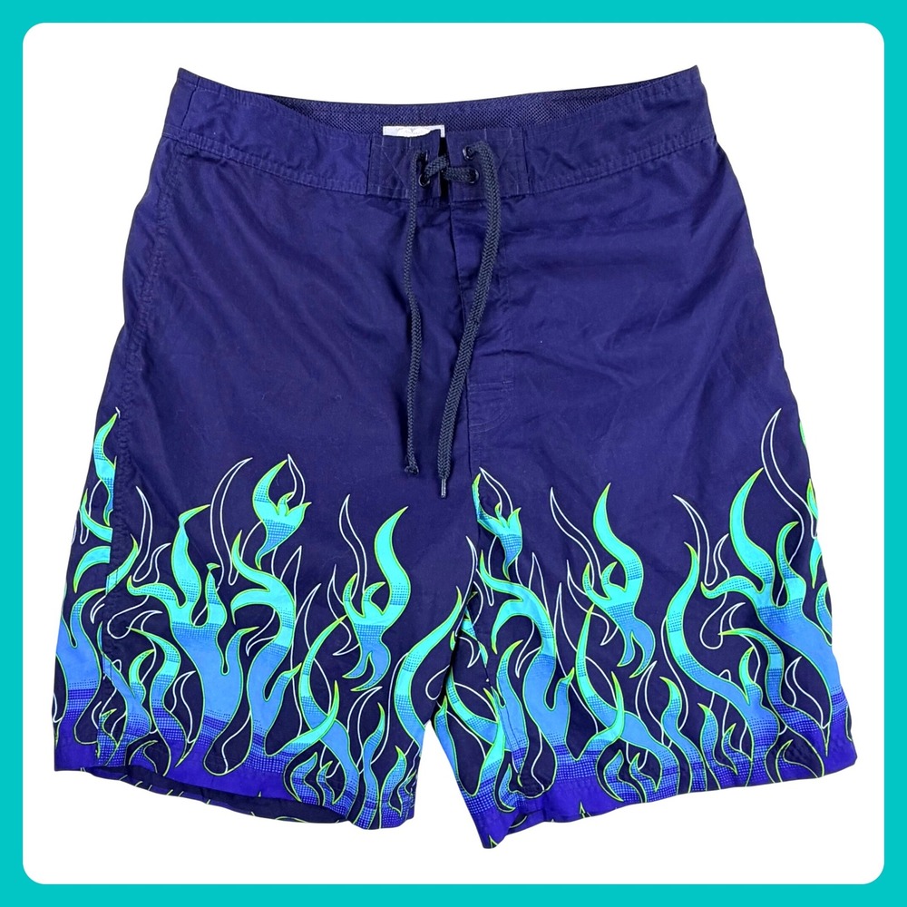 Utility Flame Print Baggy Board Shorts Men 34 Blue Surf Swim Trunks Y2K Vintage